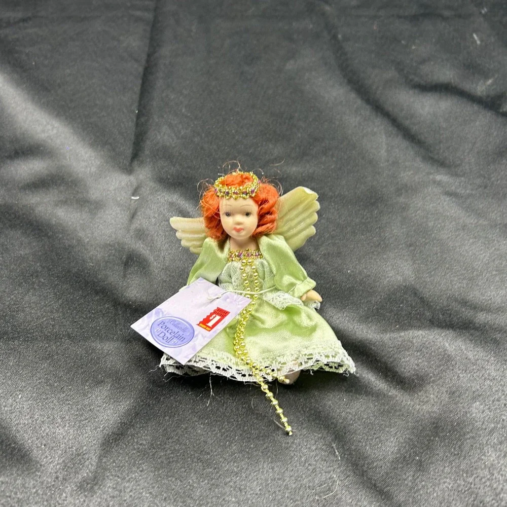 Miniature Porcelain Angel Doll Red Hair Green Satin Lace Dress Gold Crown NWT